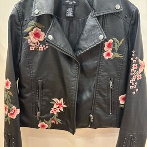Anna Cai Black Faux Leather Floral Embroidered Moto Jacket